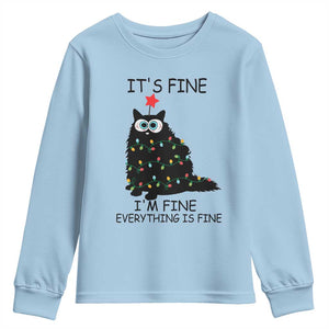Funny Christmas Cat Youth Sweatshirt It's Fine I'm Fine Everything Is Fine Meowy Catmas Xmas TS10 Light Blue Print Your Wear