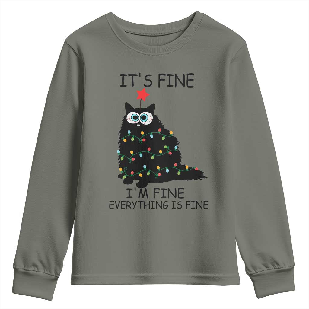 Funny Christmas Cat Youth Sweatshirt It's Fine I'm Fine Everything Is Fine Meowy Catmas Xmas TS10 Military Green Print Your Wear