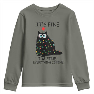 Funny Christmas Cat Youth Sweatshirt It's Fine I'm Fine Everything Is Fine Meowy Catmas Xmas TS10 Military Green Print Your Wear