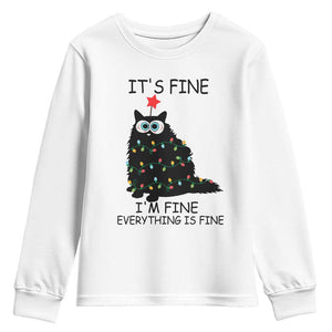 Funny Christmas Cat Youth Sweatshirt It's Fine I'm Fine Everything Is Fine Meowy Catmas Xmas TS10 White Print Your Wear
