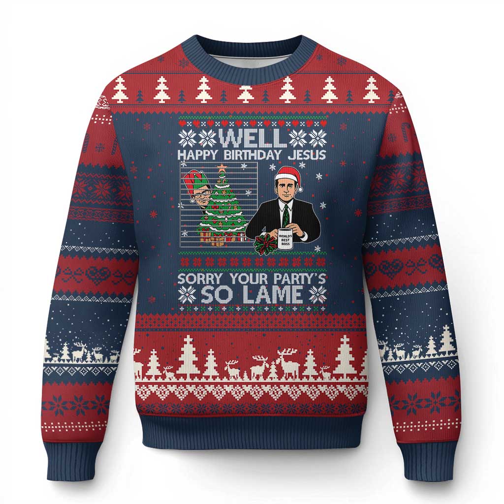 Funny Office Xmas Ugly Christmas Sweater Party Well Happy Birthday Jesus TV Show Ugly Xmas TS10 Navy Red Print Your Wear