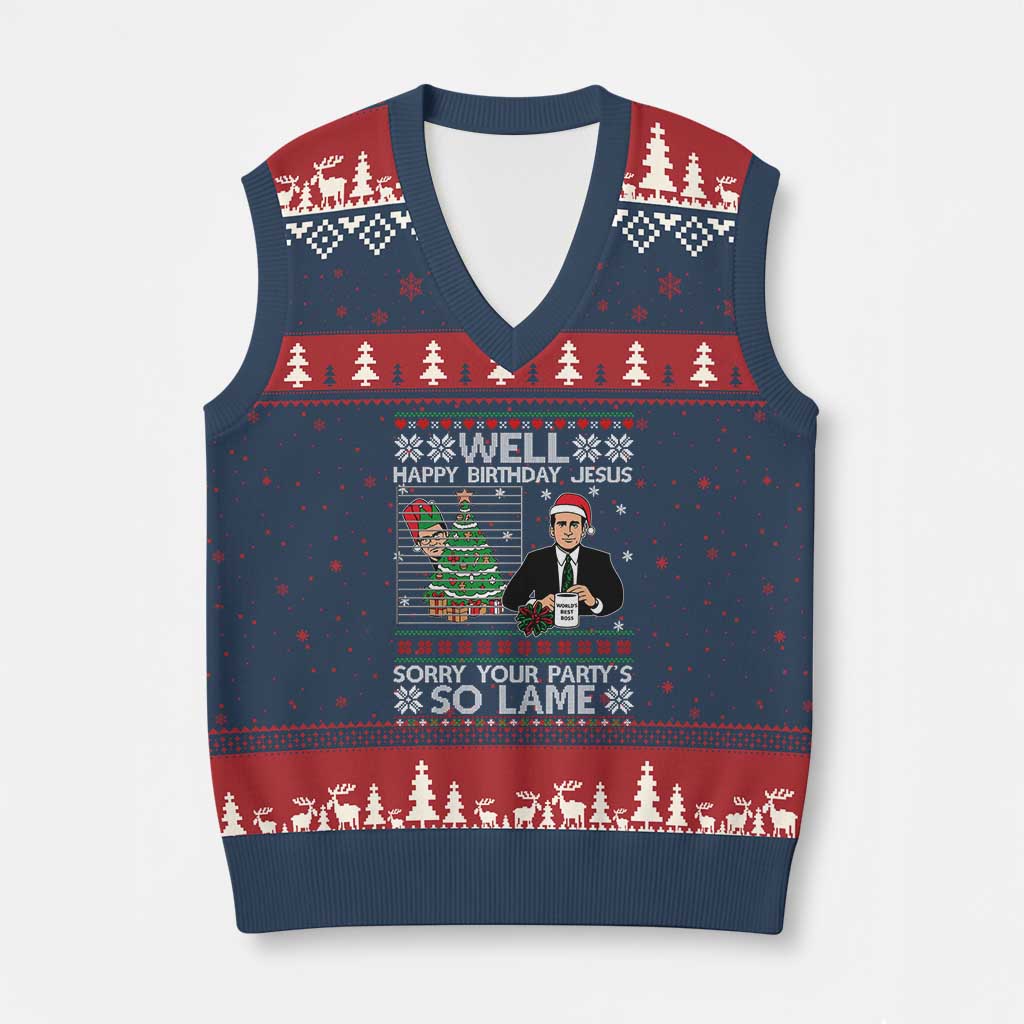 Funny Office Xmas V-Neck Knit Sweater Vest Party Well Happy Birthday Jesus TV Show Ugly Xmas TS10 Navy Red Print Your Wear