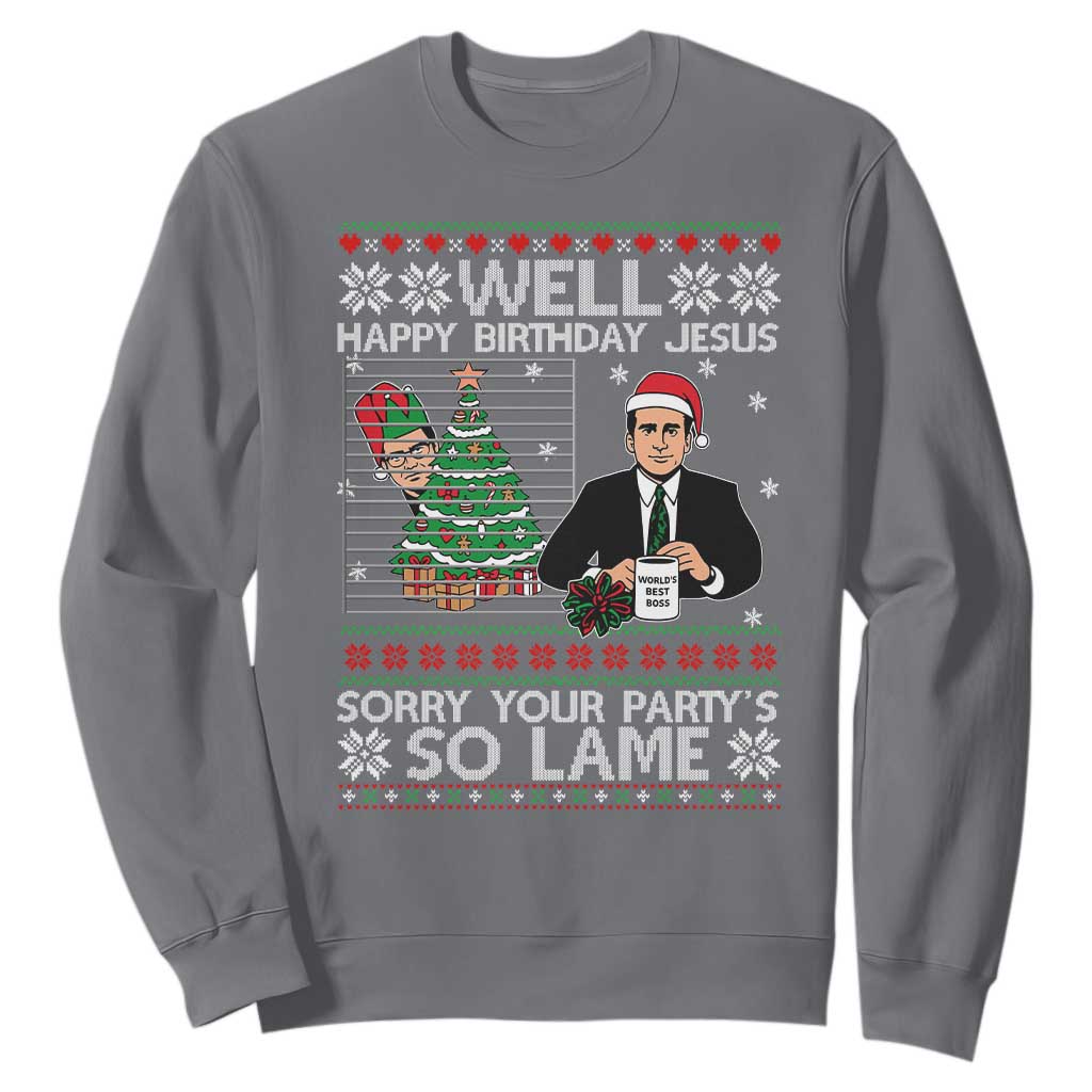Funny Office Christmas Sweatshirt Party Well Happy Birthday Jesus TV Show Ugly Xmas TS10 Charcoal Print Your Wear