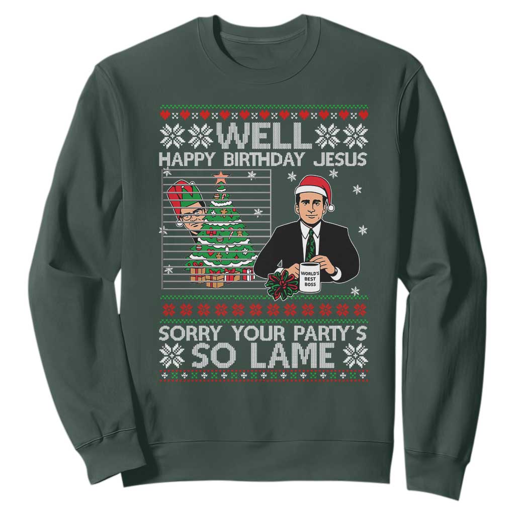 Funny Office Christmas Sweatshirt Party Well Happy Birthday Jesus TV Show Ugly Xmas TS10 Dark Forest Green Print Your Wear