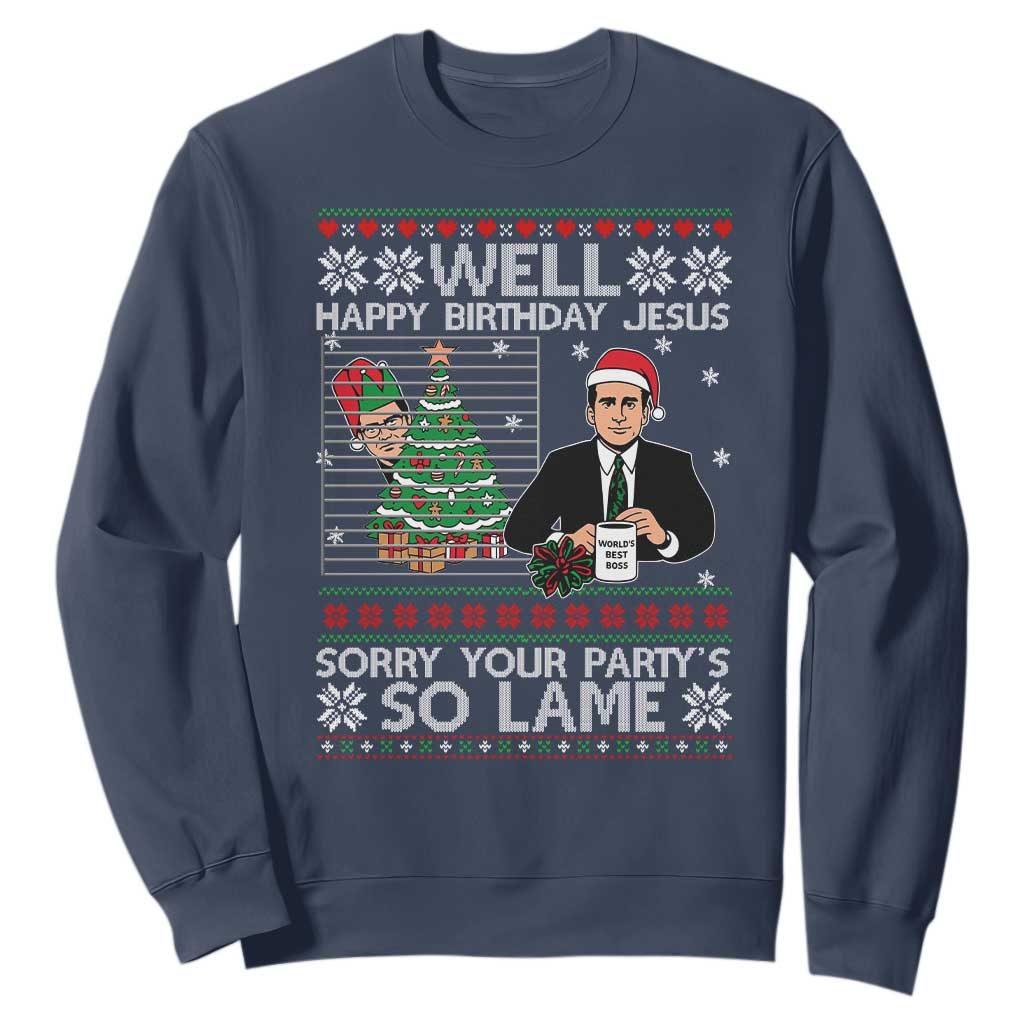Funny Office Christmas Sweatshirt Party Well Happy Birthday Jesus TV Show Ugly Xmas TS10 Navy Print Your Wear