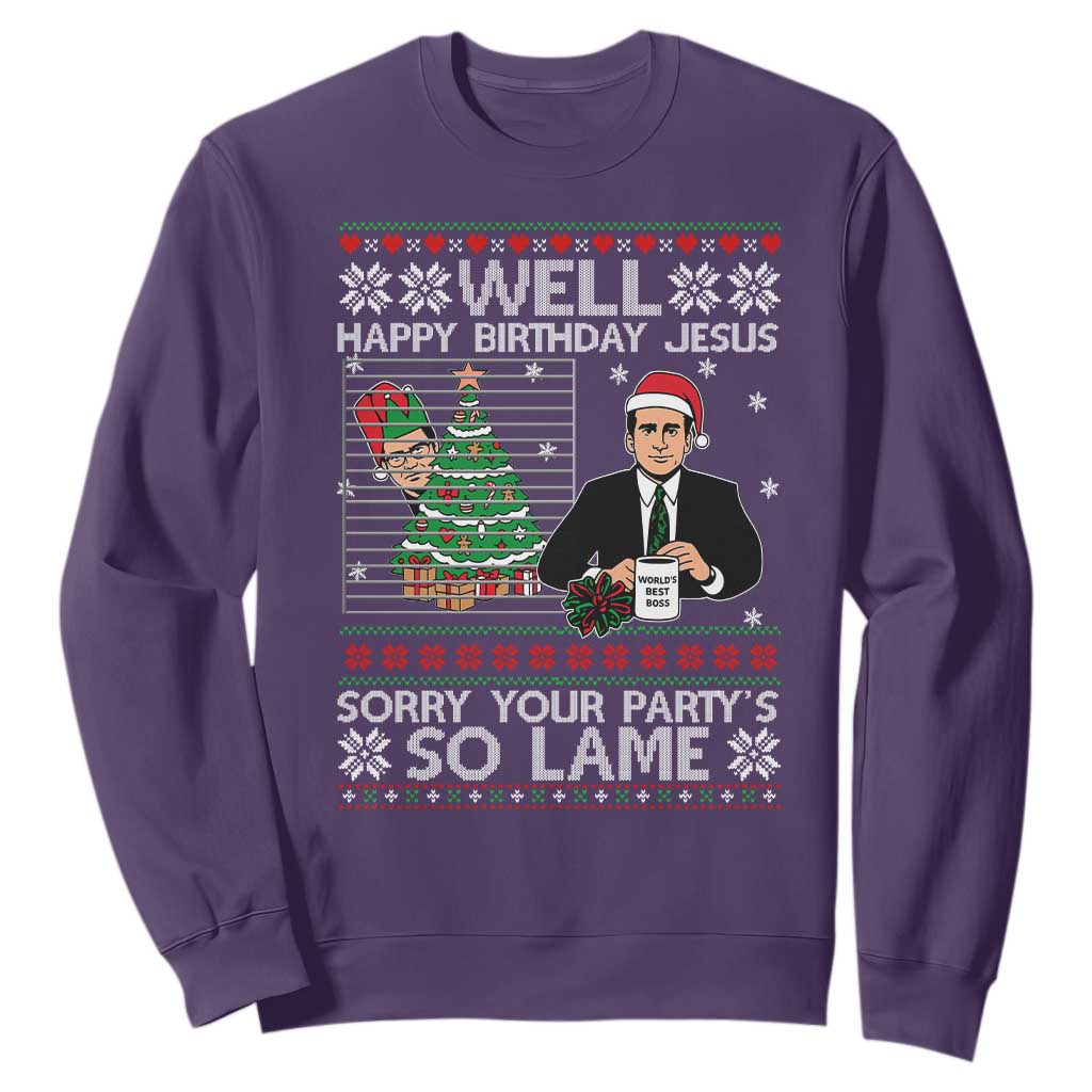Funny Office Christmas Sweatshirt Party Well Happy Birthday Jesus TV Show Ugly Xmas TS10 Purple Print Your Wear
