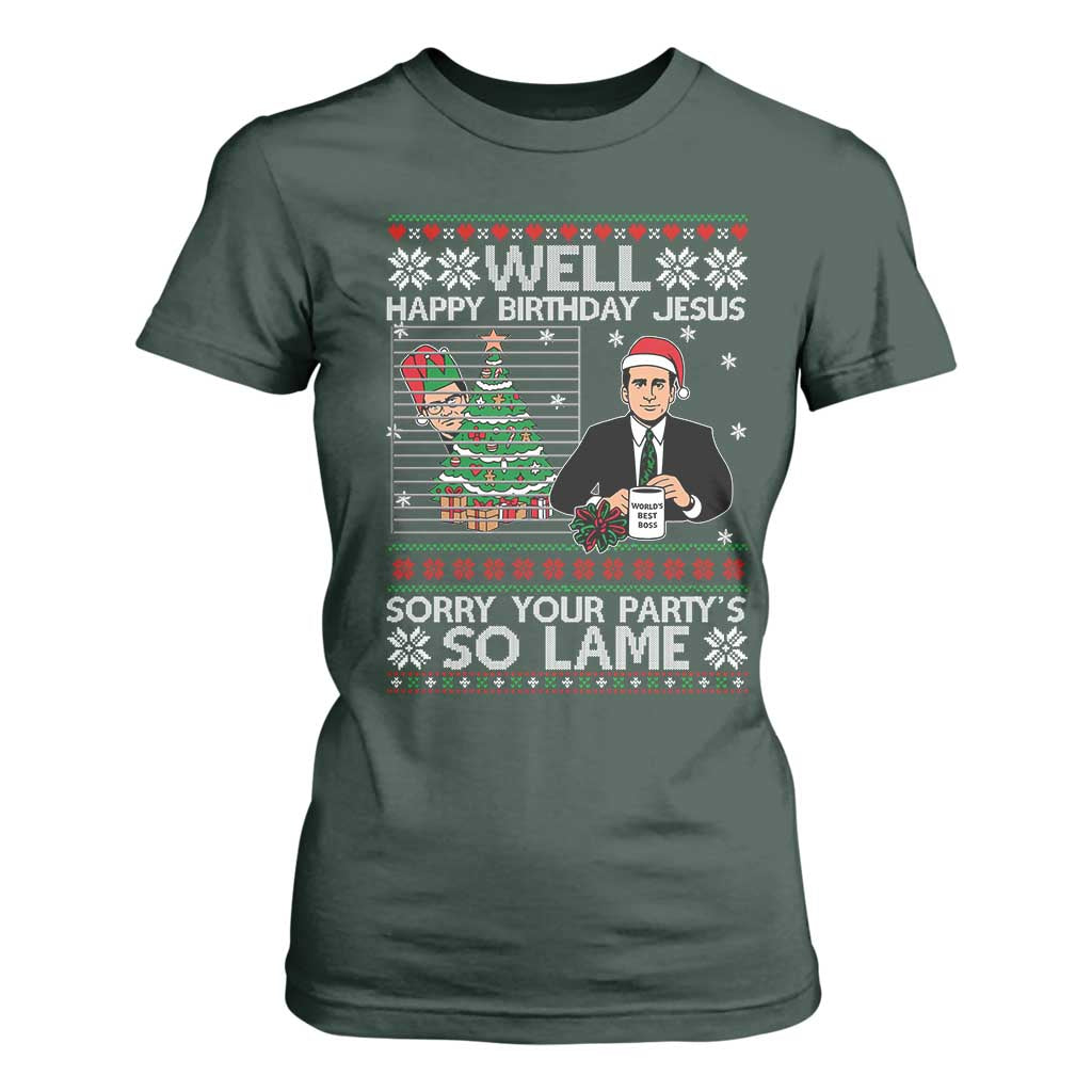 Funny Office Christmas T Shirt For Women Party Well Happy Birthday Jesus TV Show Ugly Xmas TS10 Dark Forest Green Print Your Wear