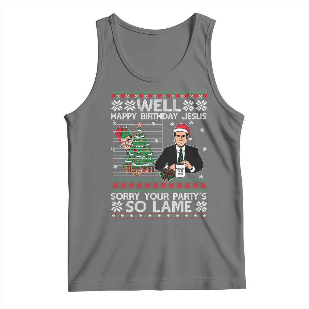 Funny Office Christmas Tank Top Party Well Happy Birthday Jesus TV Show Ugly Xmas TS10 Black Heather Print Your Wear