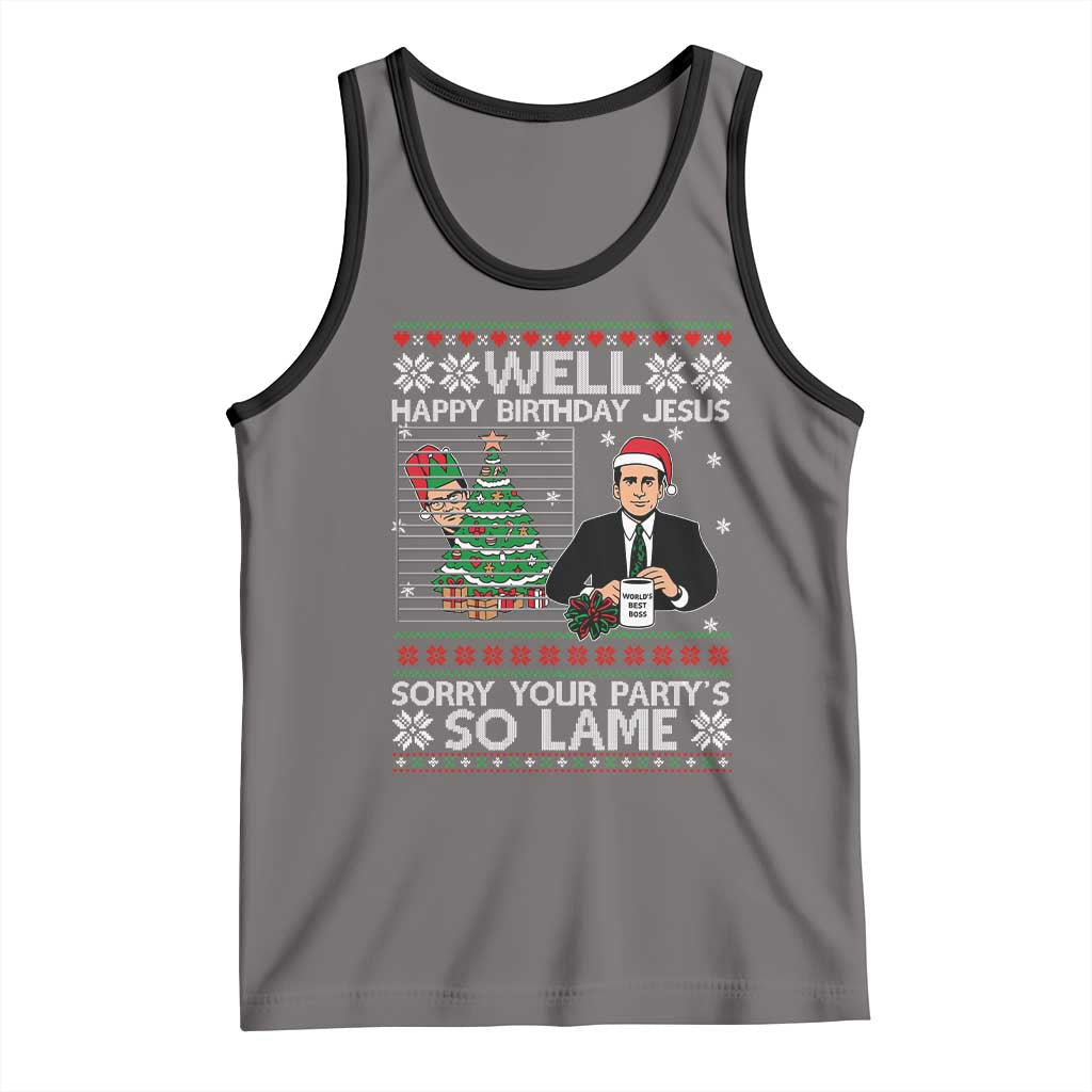 Funny Office Christmas Tank Top Party Well Happy Birthday Jesus TV Show Ugly Xmas TS10 Deep Heather Black Print Your Wear