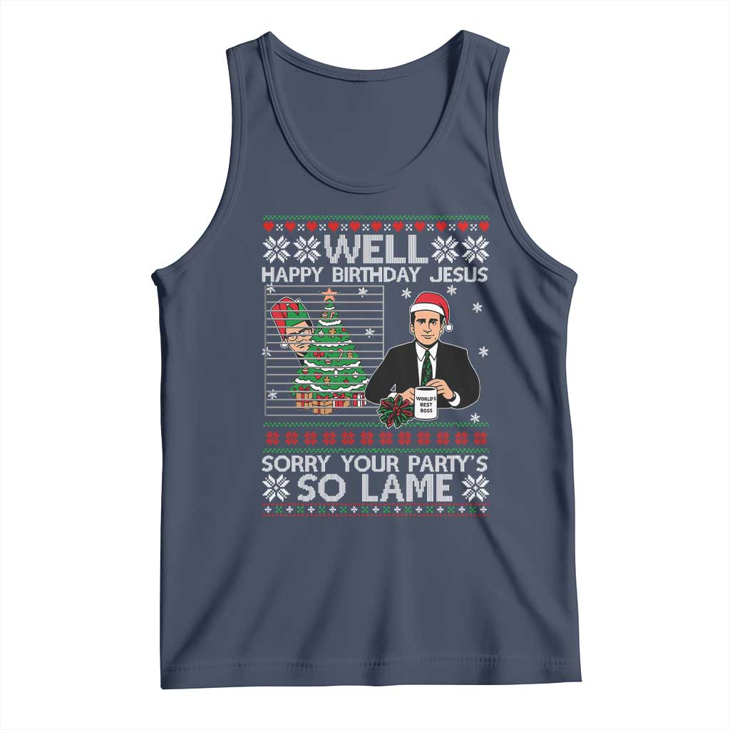 Funny Office Christmas Tank Top Party Well Happy Birthday Jesus TV Show Ugly Xmas TS10 Navy Print Your Wear