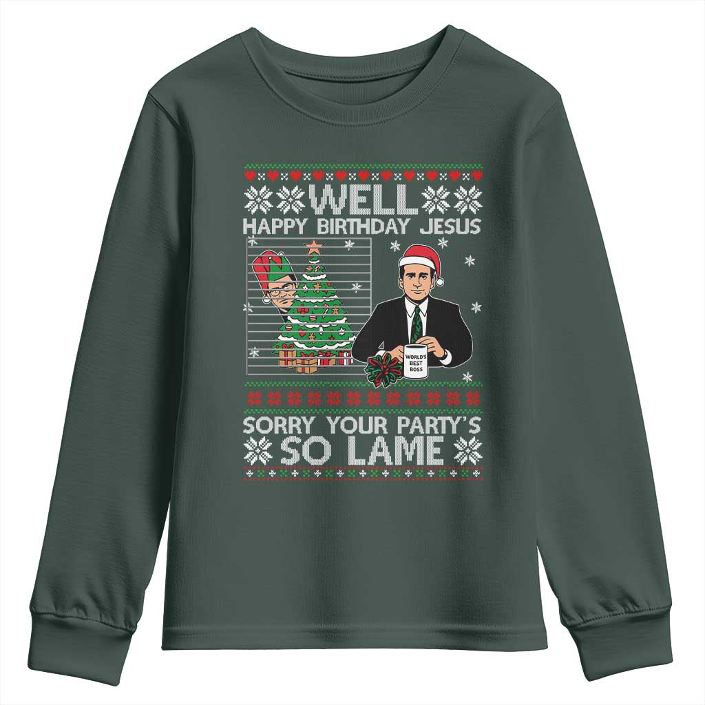 Funny Office Christmas Youth Sweatshirt Party Well Happy Birthday Jesus TV Show Ugly Xmas TS10 Dark Forest Green Print Your Wear