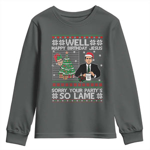 Funny Office Christmas Youth Sweatshirt Party Well Happy Birthday Jesus TV Show Ugly Xmas TS10 Dark Heather Print Your Wear