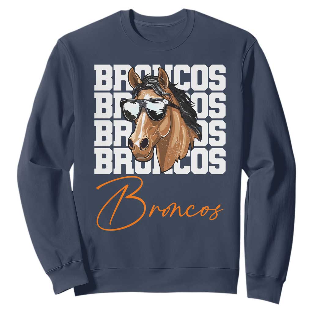 Vintage Broncos Football Inspirational Sweatshirt Horse Mascot Game Day Athletic Fan Gift TS10 Navy Print Your Wear