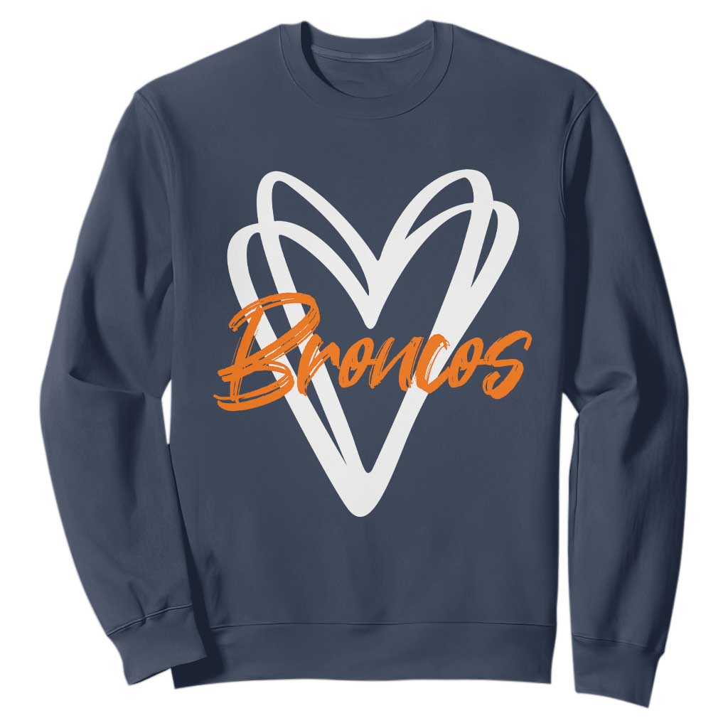 Vintage Broncos Sweatshirt Football Team Fans Heart Graphic Game Day TS10 Navy Print Your Wear
