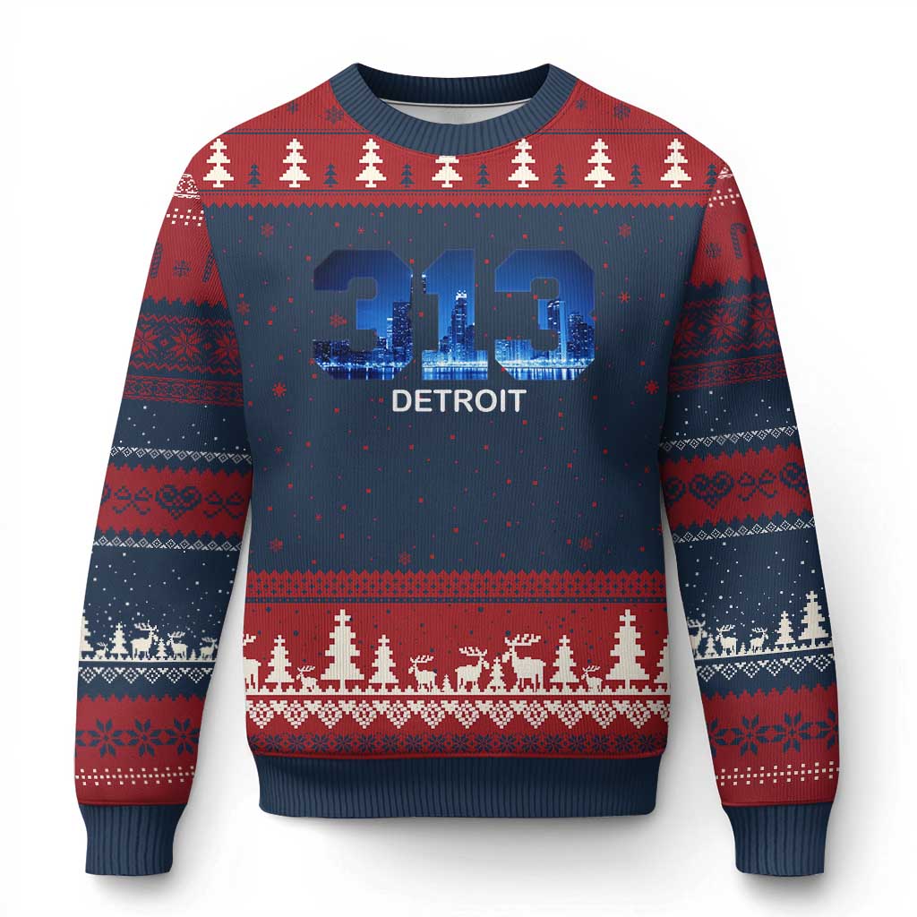 Vintage Detroit Michigan 313 Ugly Christmas Sweater Area Code Skyline TS10 Navy Red Print Your Wear