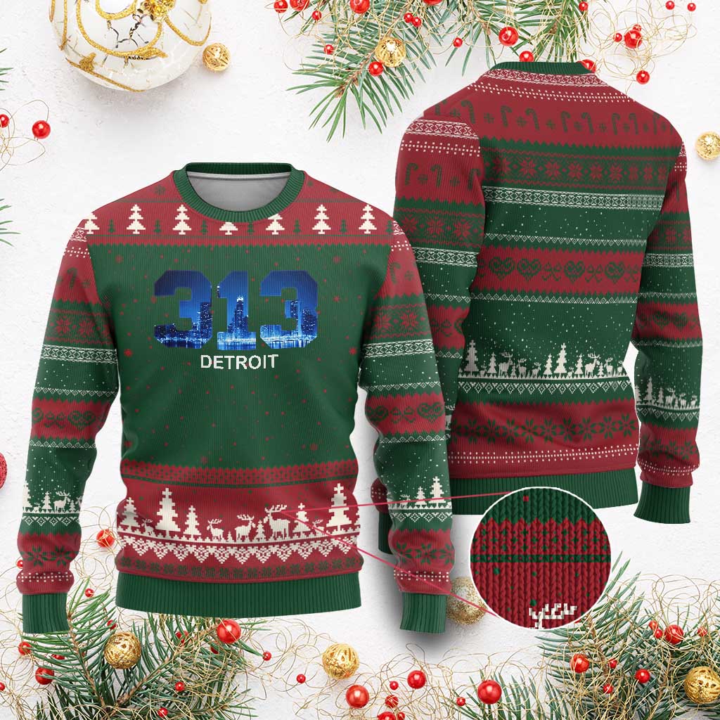 Vintage Detroit Michigan 313 Ugly Christmas Sweater Area Code Skyline TS10 Red Green Print Your Wear