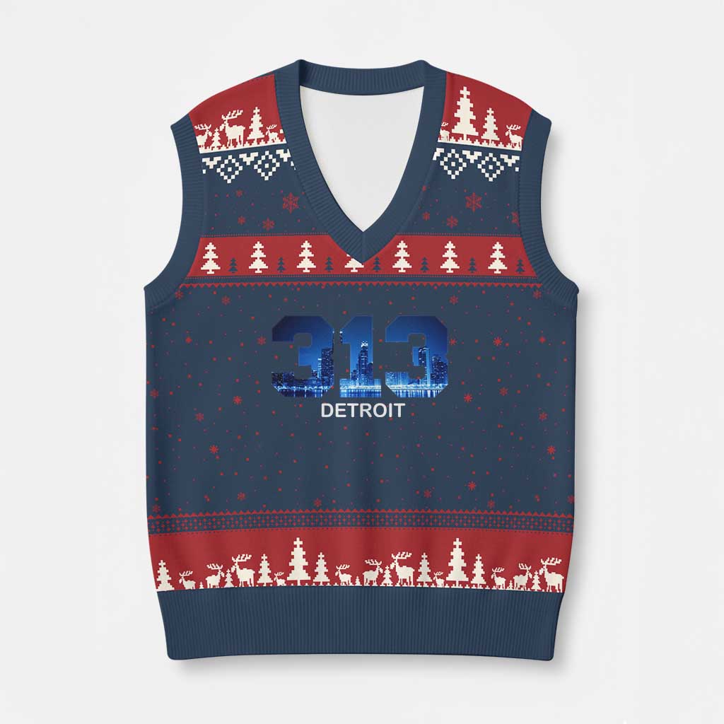 Vintage Detroit Michigan 313 V-Neck Knit Sweater Vest Area Code Skyline TS10 Navy Red Print Your Wear