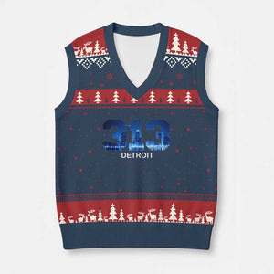 Vintage Detroit Michigan 313 V-Neck Knit Sweater Vest Area Code Skyline TS10 Navy Red Print Your Wear