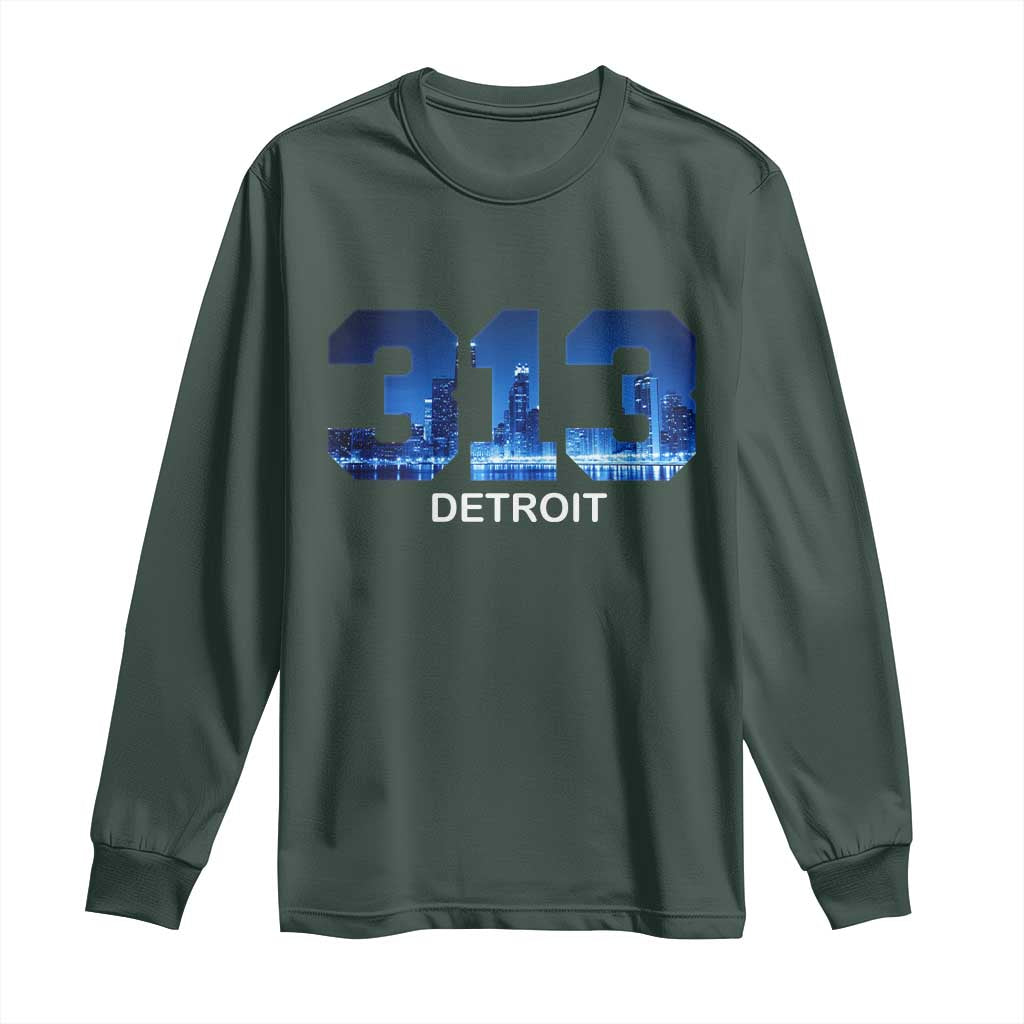 Vintage Detroit Michigan 313 Long Sleeve Shirt Area Code Skyline TS10 Dark Forest Green Print Your Wear