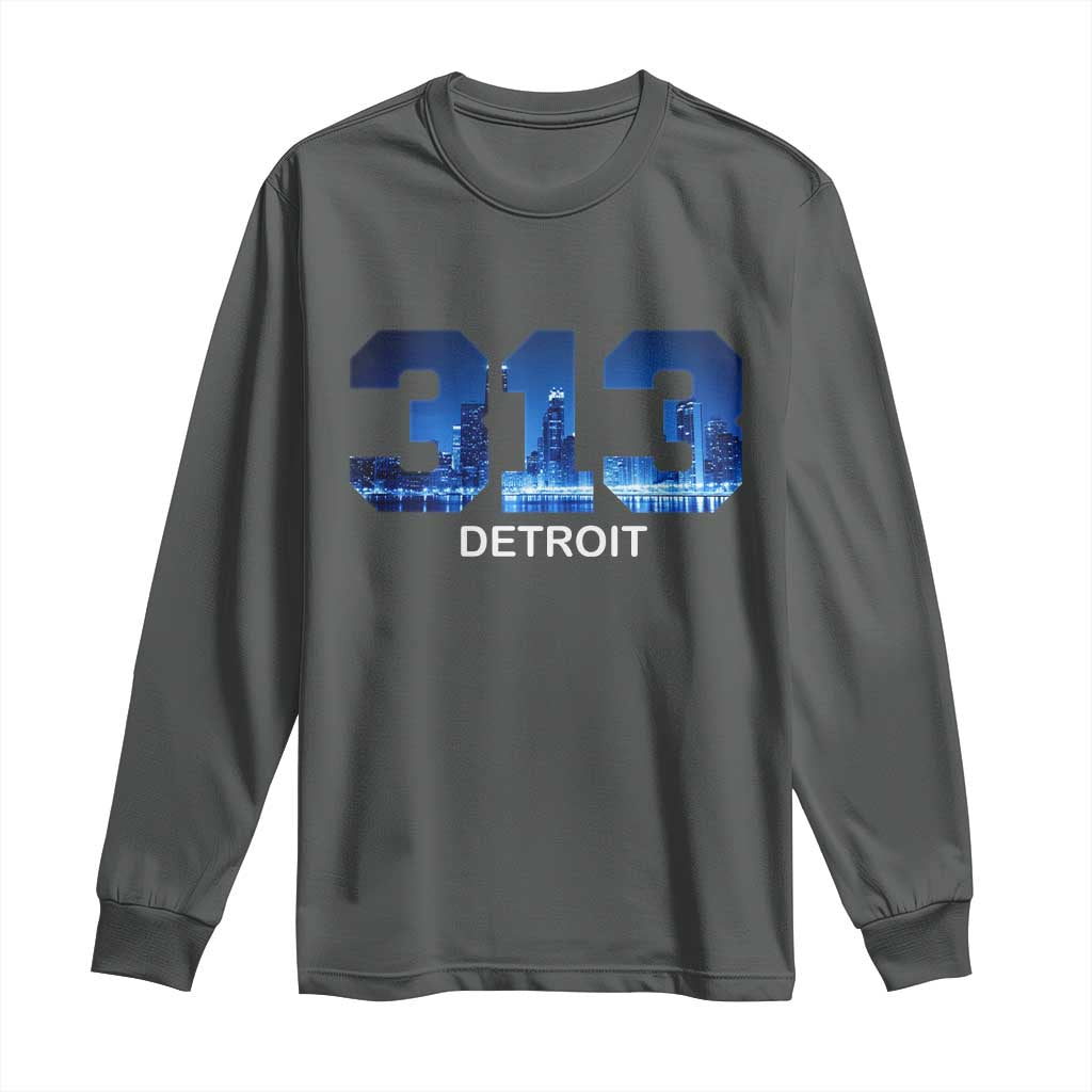 Vintage Detroit Michigan 313 Long Sleeve Shirt Area Code Skyline TS10 Dark Heather Print Your Wear