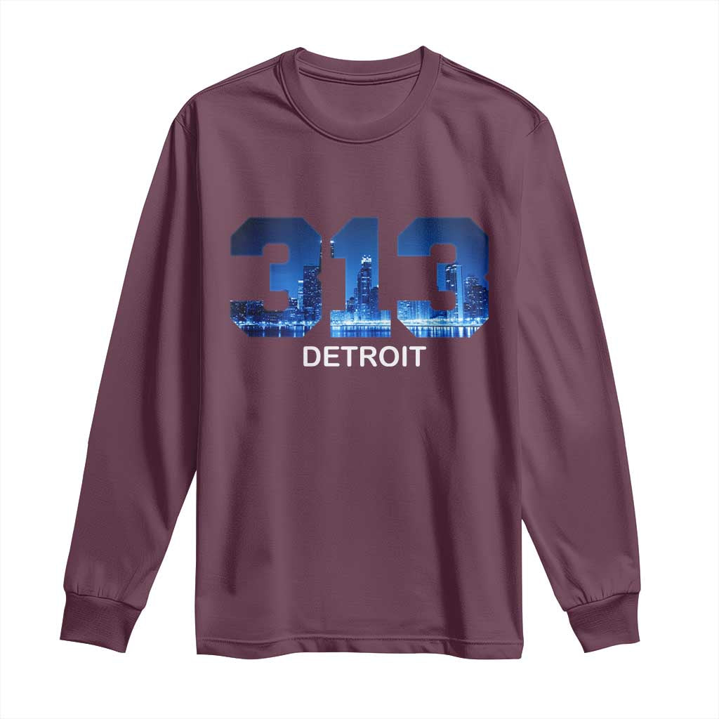 Vintage Detroit Michigan 313 Long Sleeve Shirt Area Code Skyline TS10 Maroon Print Your Wear