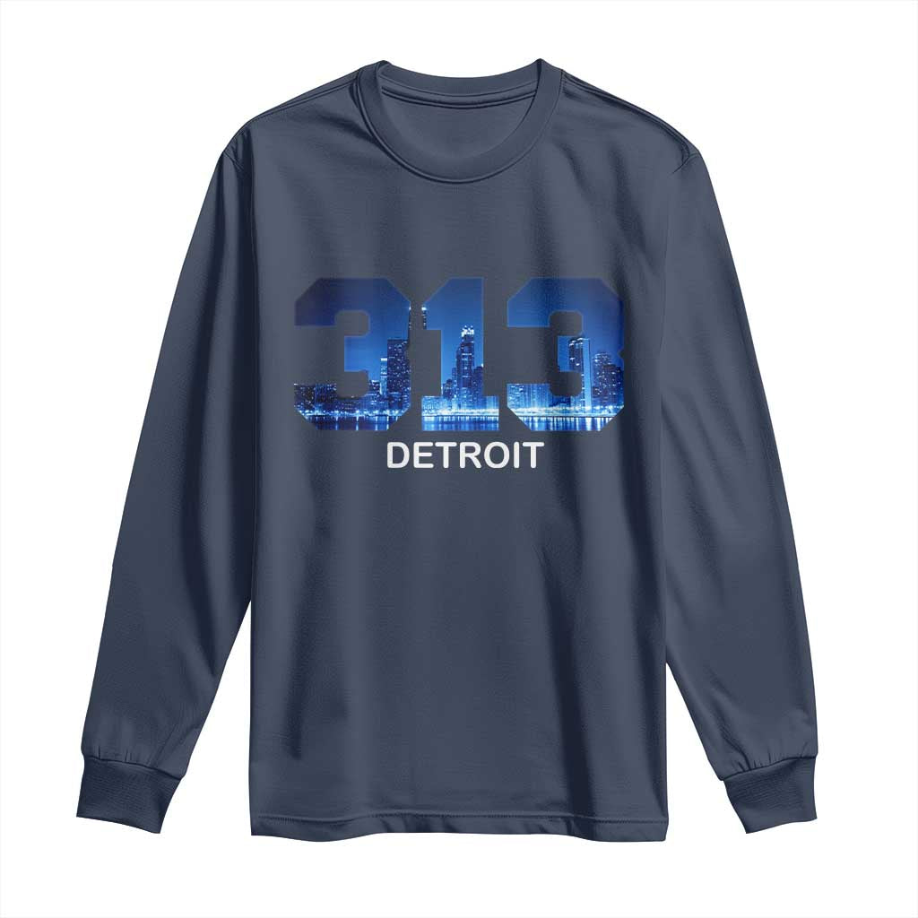 Vintage Detroit Michigan 313 Long Sleeve Shirt Area Code Skyline TS10 Navy Print Your Wear