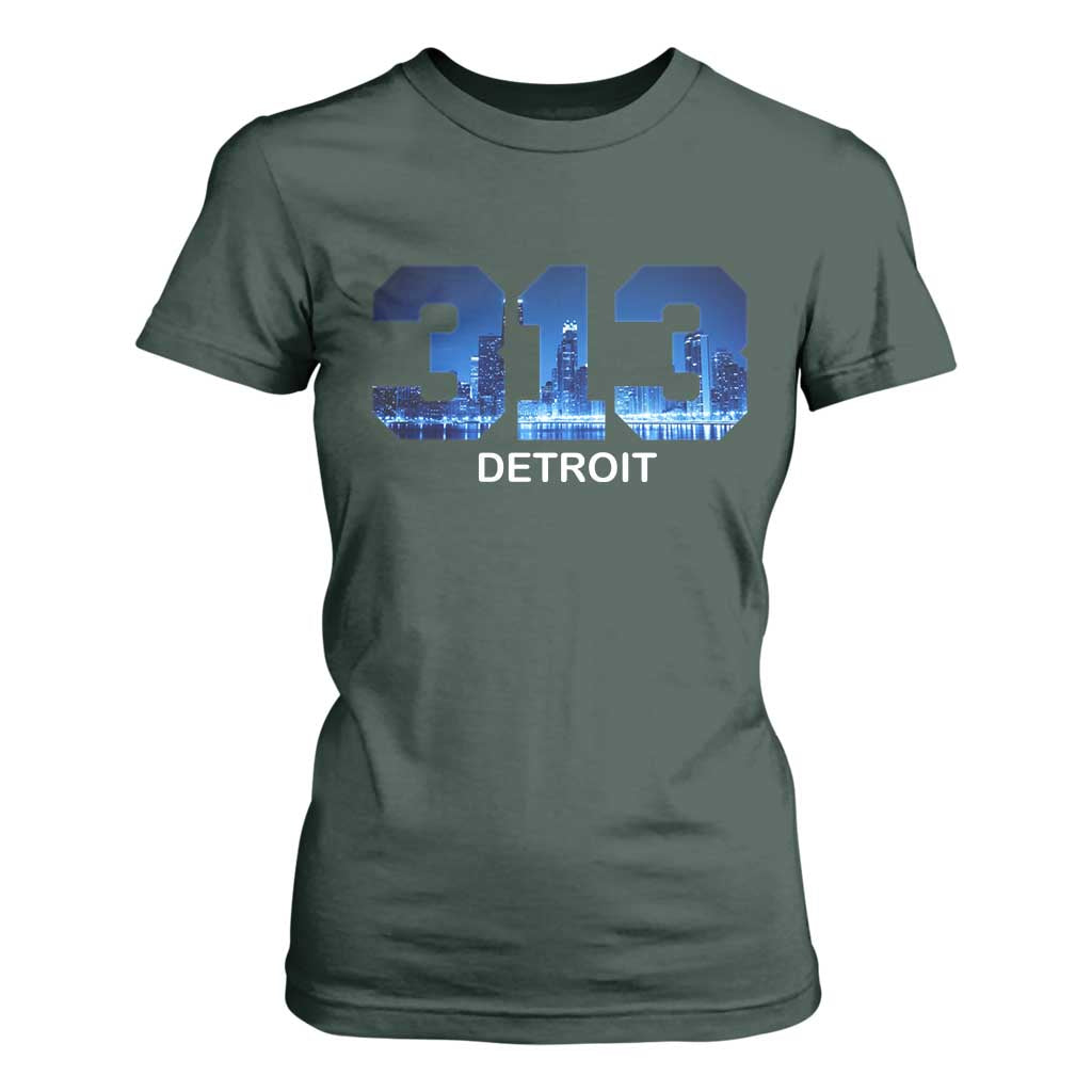 Vintage Detroit Michigan 313 T Shirt For Women Area Code Skyline TS10 Dark Forest Green Print Your Wear