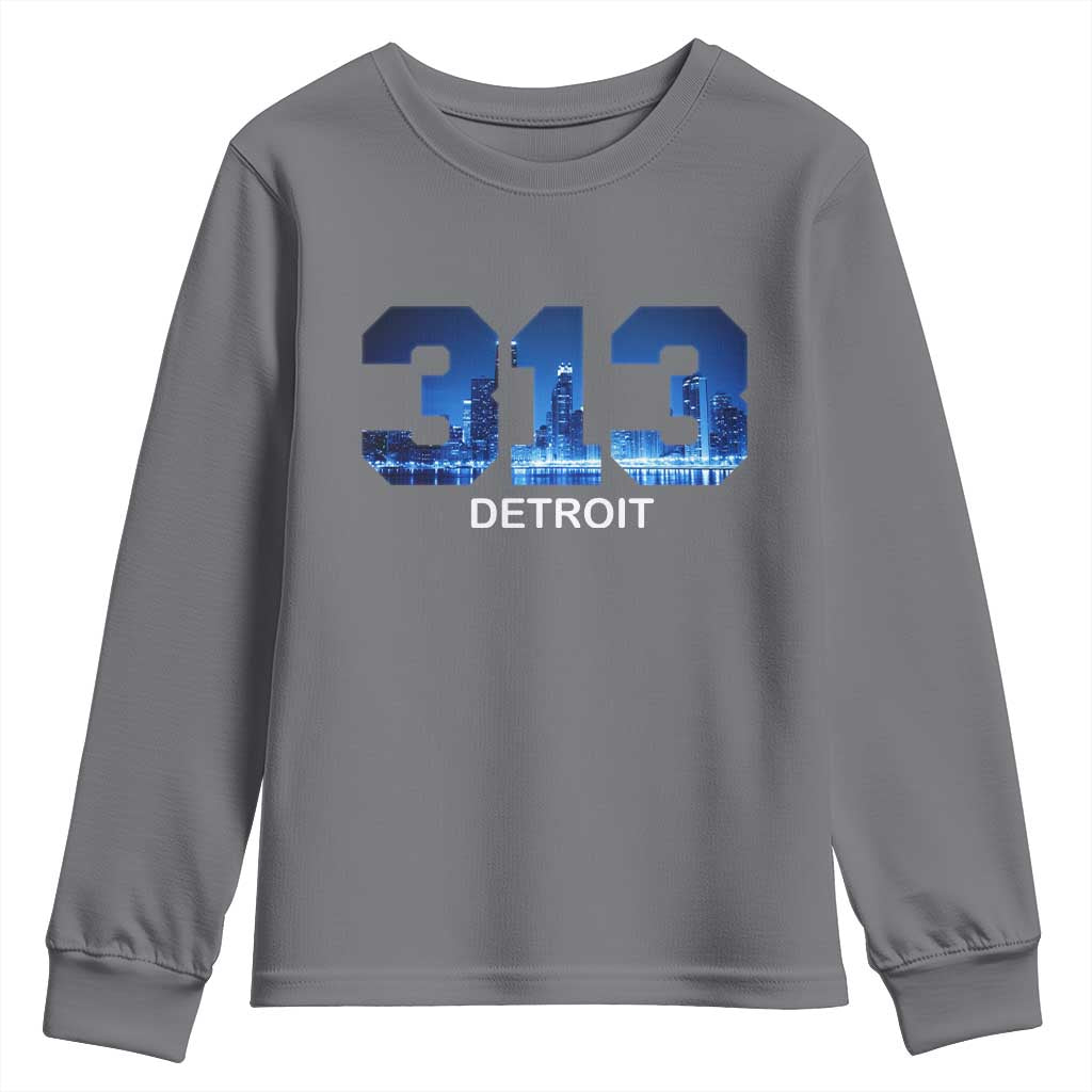 Vintage Detroit Michigan 313 Youth Sweatshirt Area Code Skyline TS10 Charcoal Print Your Wear