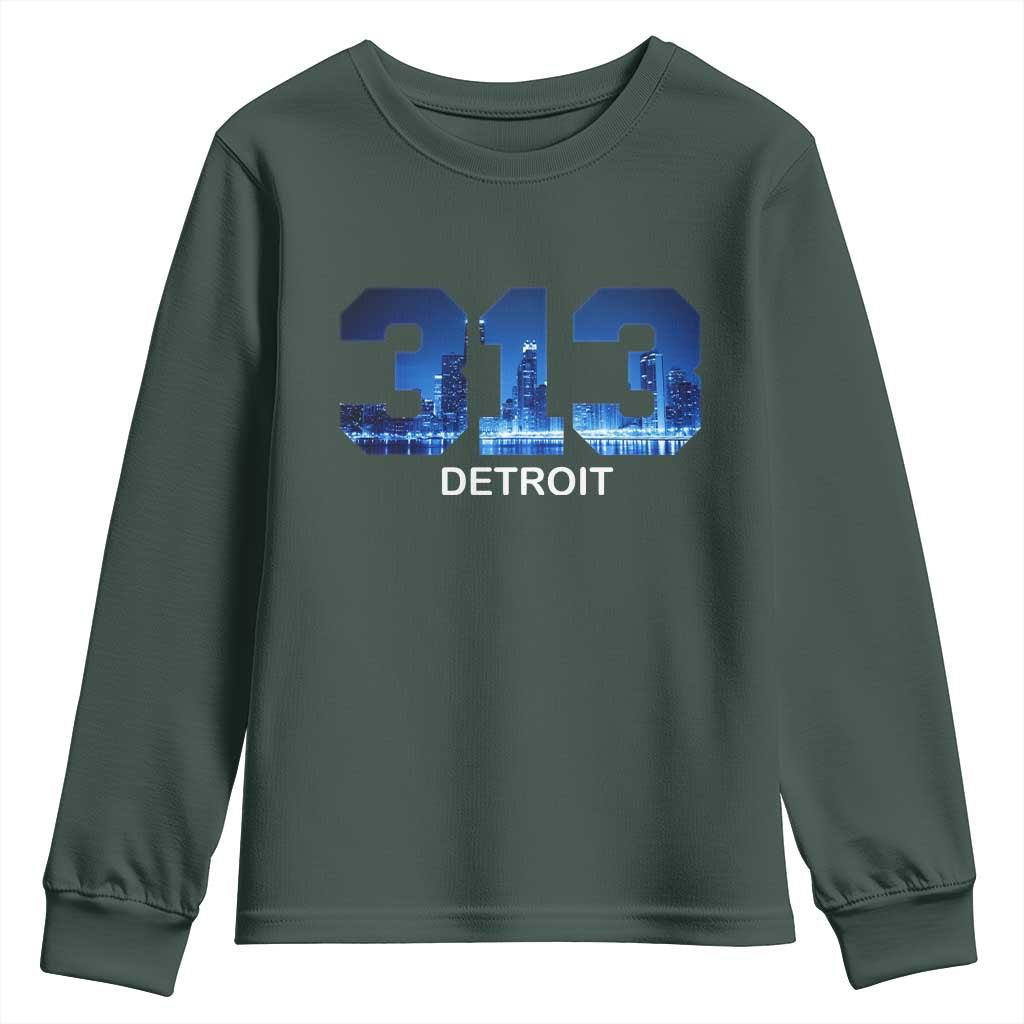 Vintage Detroit Michigan 313 Youth Sweatshirt Area Code Skyline TS10 Dark Forest Green Print Your Wear