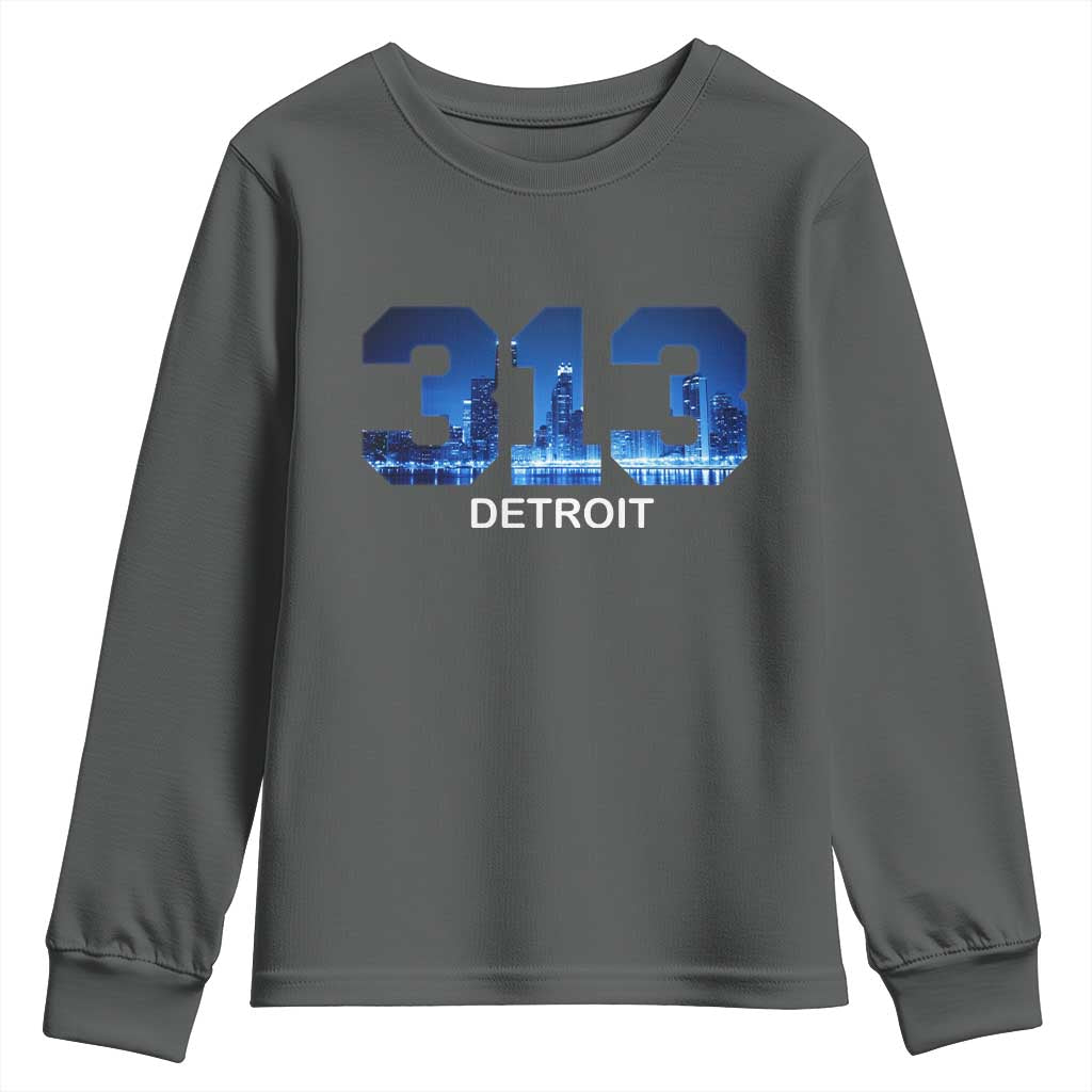 Vintage Detroit Michigan 313 Youth Sweatshirt Area Code Skyline TS10 Dark Heather Print Your Wear
