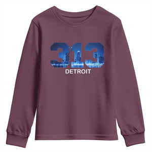 Vintage Detroit Michigan 313 Youth Sweatshirt Area Code Skyline TS10 Maroon Print Your Wear