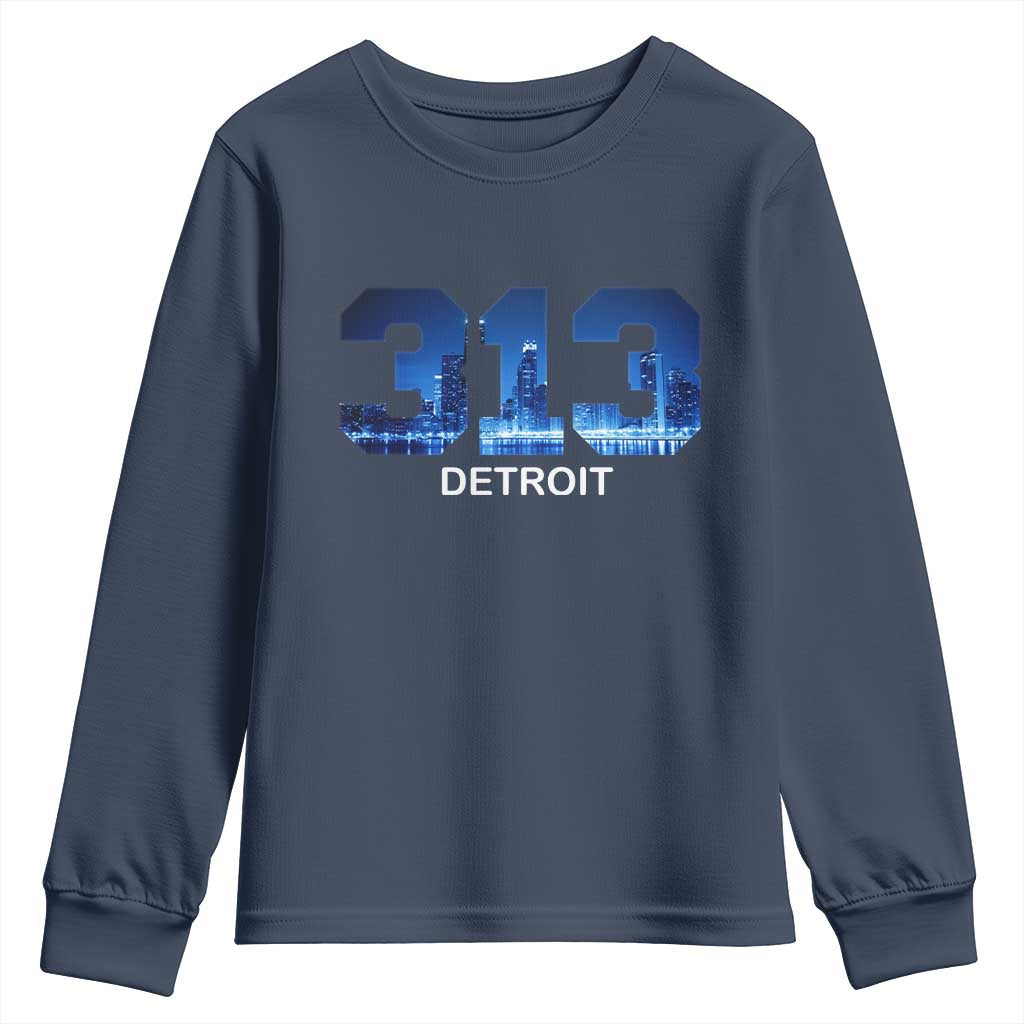 Vintage Detroit Michigan 313 Youth Sweatshirt Area Code Skyline TS10 Navy Print Your Wear
