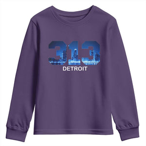 Vintage Detroit Michigan 313 Youth Sweatshirt Area Code Skyline TS10 Purple Print Your Wear
