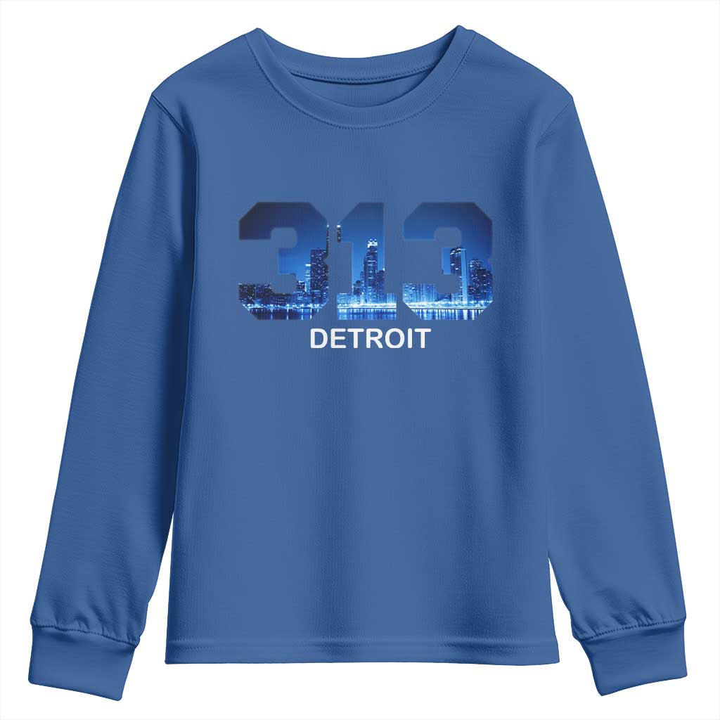 Vintage Detroit Michigan 313 Youth Sweatshirt Area Code Skyline TS10 Royal Blue Print Your Wear