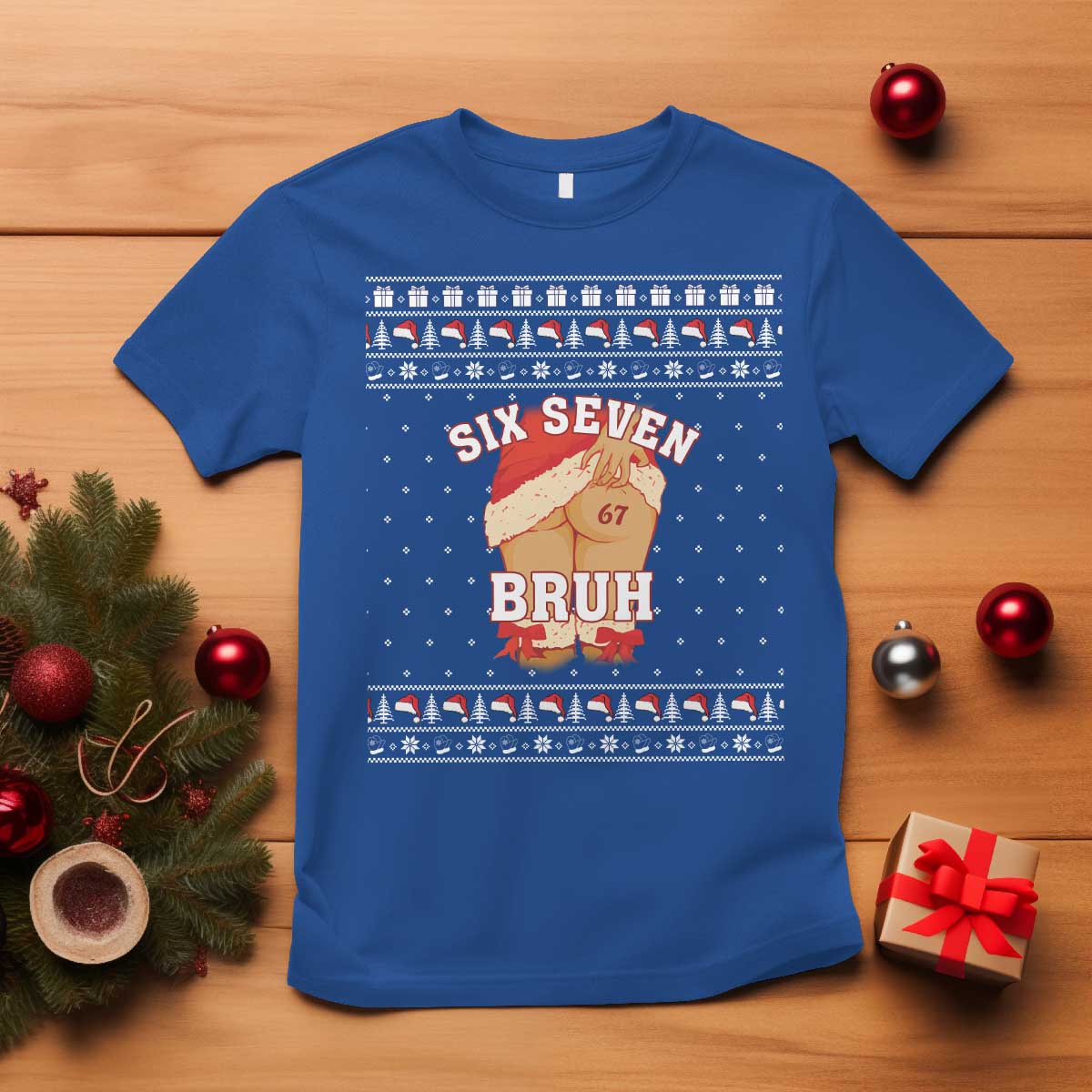 Funny Six Seven 6 7 Meme Ugly Christmas T Shirt Santa 67 Meme Xmas Pajamas TS10 Royal Blue Print Your Wear