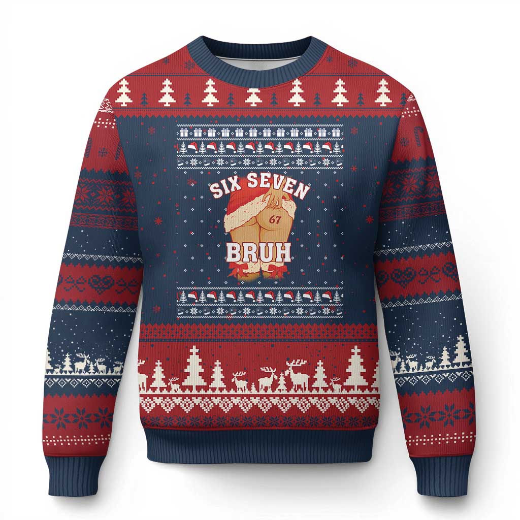 Funny Six Seven 6 7 Meme Ugly Xmas Ugly Christmas Sweater Santa 67 Meme Xmas Pajamas TS10 Navy Red Print Your Wear