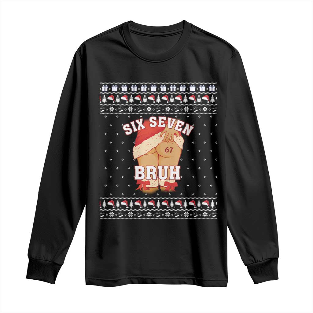 Funny Six Seven 6 7 Meme Ugly Christmas Long Sleeve Shirt Santa 67 Meme Xmas Pajamas TS10 Black Print Your Wear