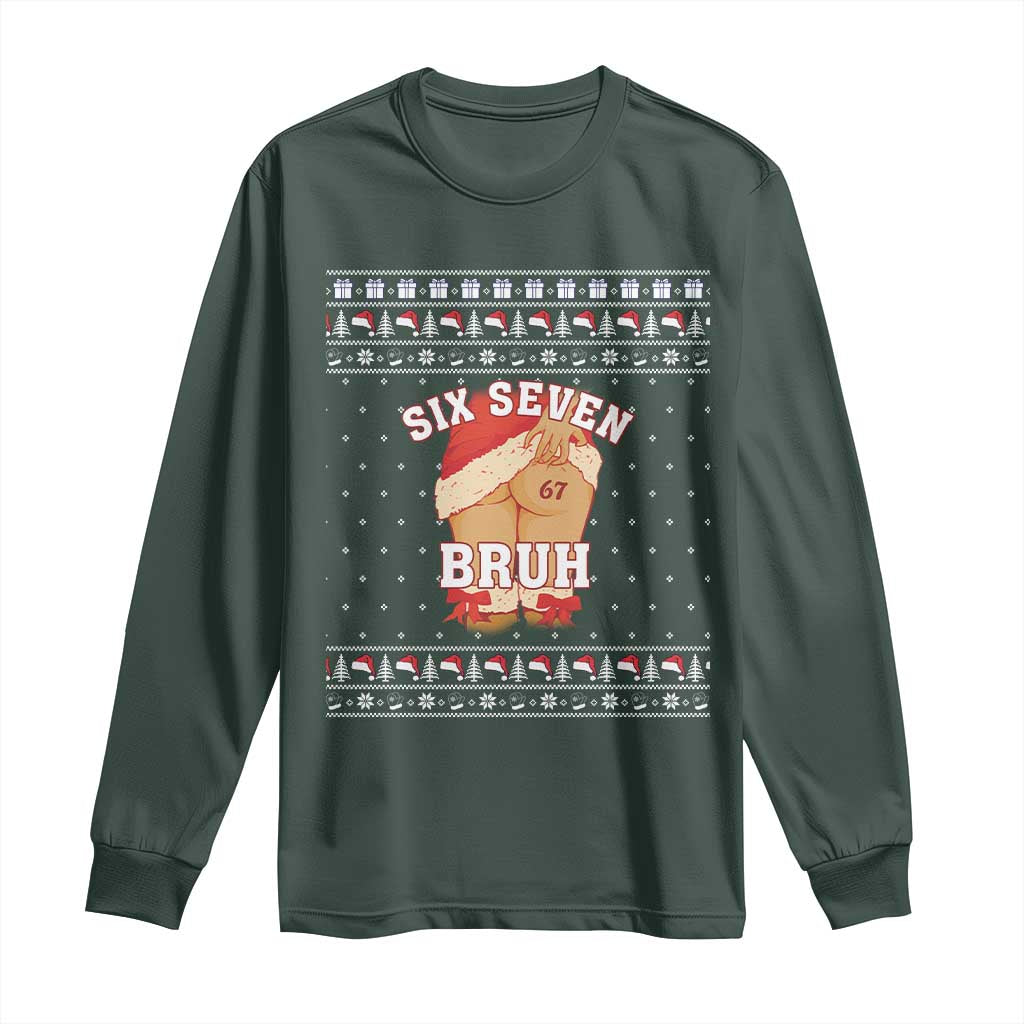 Funny Six Seven 6 7 Meme Ugly Christmas Long Sleeve Shirt Santa 67 Meme Xmas Pajamas TS10 Dark Forest Green Print Your Wear