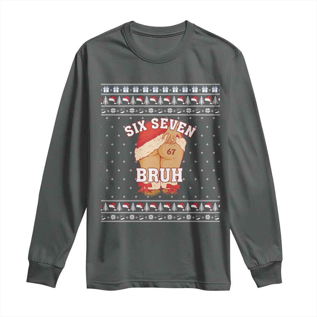 Funny Six Seven 6 7 Meme Ugly Christmas Long Sleeve Shirt Santa 67 Meme Xmas Pajamas TS10 Dark Heather Print Your Wear
