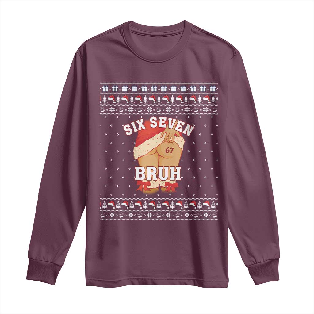 Funny Six Seven 6 7 Meme Ugly Christmas Long Sleeve Shirt Santa 67 Meme Xmas Pajamas TS10 Maroon Print Your Wear