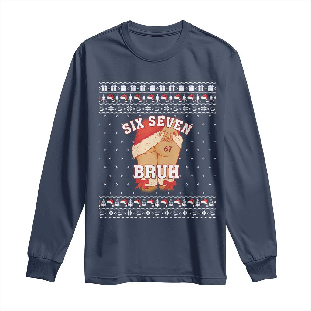 Funny Six Seven 6 7 Meme Ugly Christmas Long Sleeve Shirt Santa 67 Meme Xmas Pajamas TS10 Navy Print Your Wear