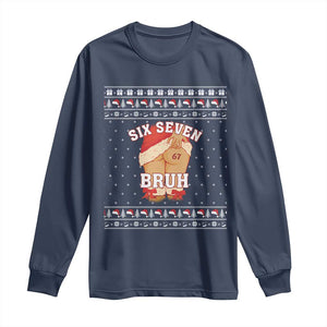 Funny Six Seven 6 7 Meme Ugly Christmas Long Sleeve Shirt Santa 67 Meme Xmas Pajamas TS10 Navy Print Your Wear