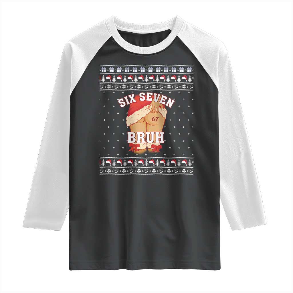 Funny Six Seven 6 7 Meme Ugly Christmas Raglan Shirt Santa 67 Meme Xmas Pajamas TS10 Black White Print Your Wear