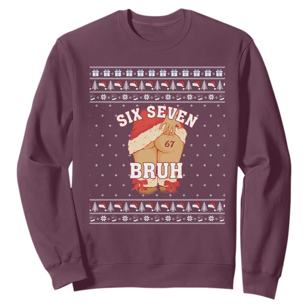 Funny Six Seven 6 7 Meme Ugly Christmas Sweatshirt Santa 67 Meme Xmas Pajamas TS10 Maroon Print Your Wear