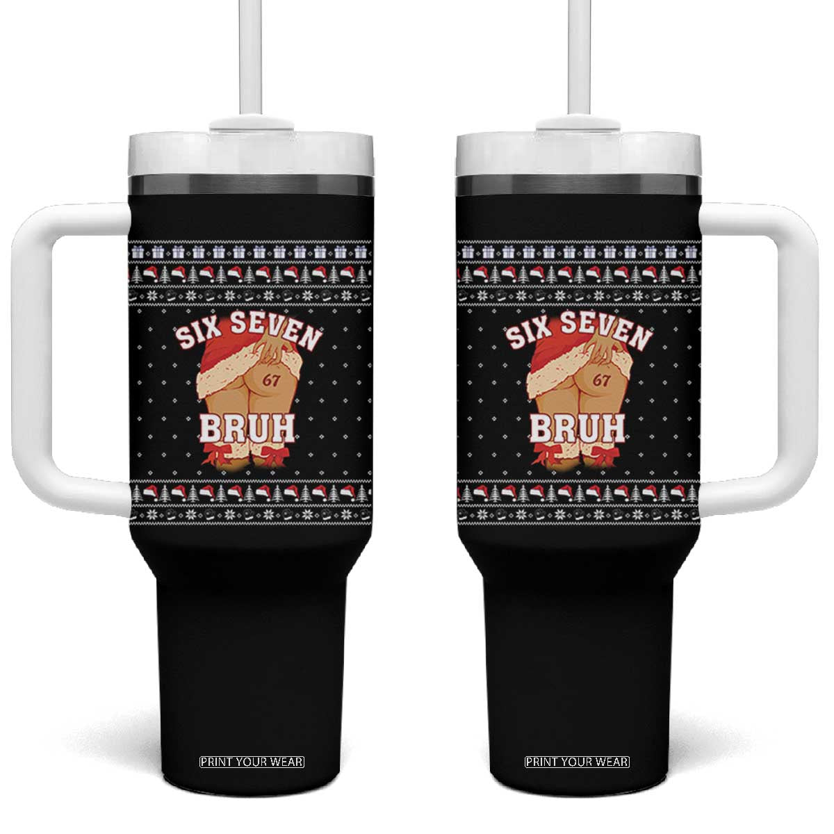 Funny Six Seven 6 7 Meme Ugly Christmas Tumbler With Handle Santa 67 Meme Xmas Pajamas TS10 One Size: 40 oz Black Print Your Wear