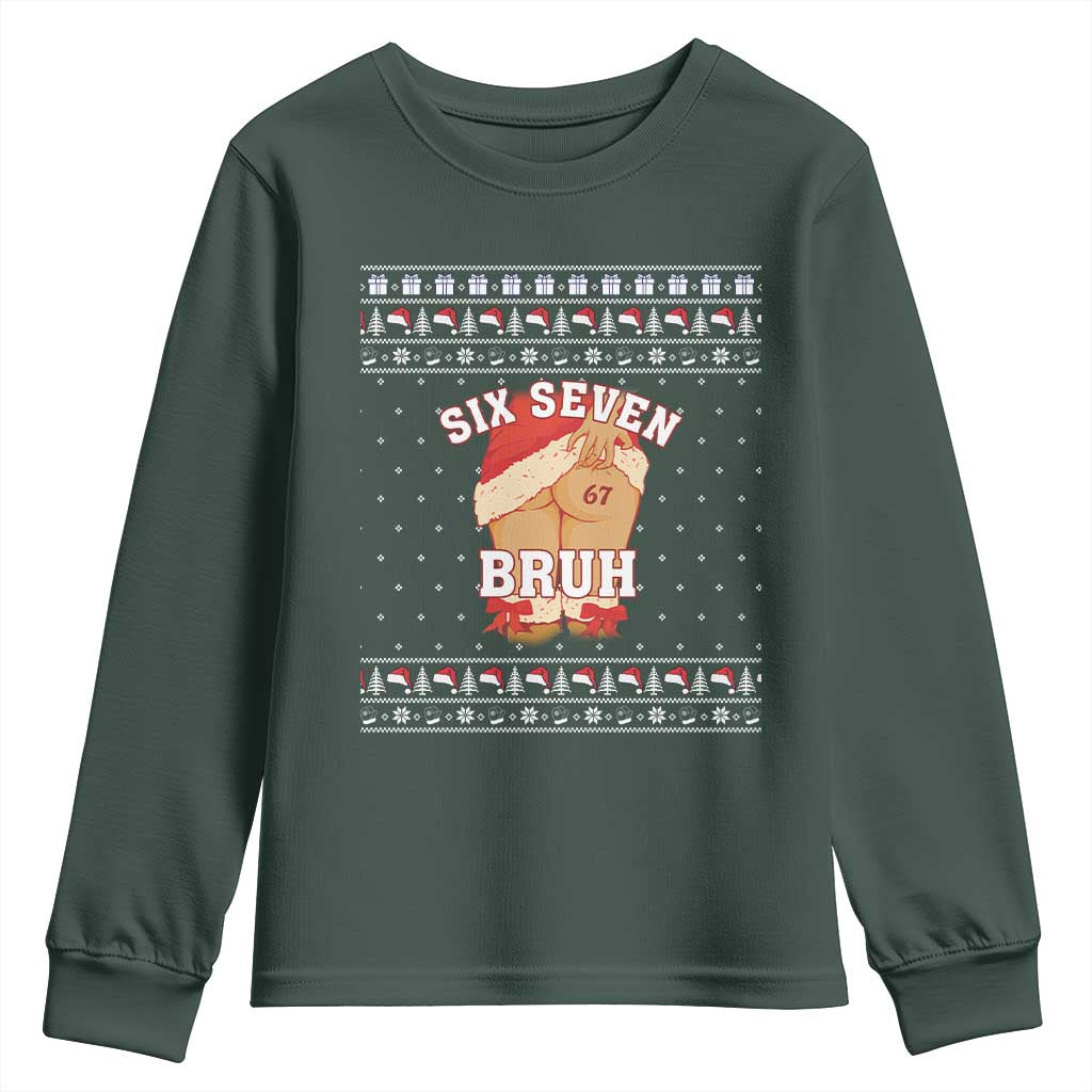 Funny Six Seven 6 7 Meme Ugly Christmas Youth Sweatshirt Santa 67 Meme Xmas Pajamas TS10 Dark Forest Green Print Your Wear