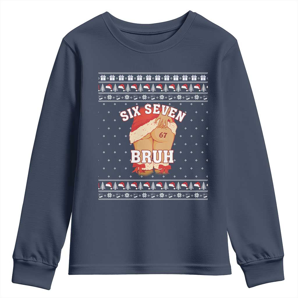 Funny Six Seven 6 7 Meme Ugly Christmas Youth Sweatshirt Santa 67 Meme Xmas Pajamas TS10 Navy Print Your Wear