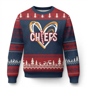 KC Game Day Ugly Christmas Sweater Retro Sports Fan Football Team Heart Graphic TS10 Navy Red Print Your Wear