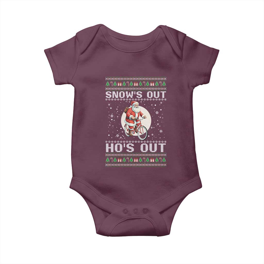 Funny Santa Christmas Baby Onesie Snows Out Hos Out Ugly Xmas TS10 Maroon Print Your Wear