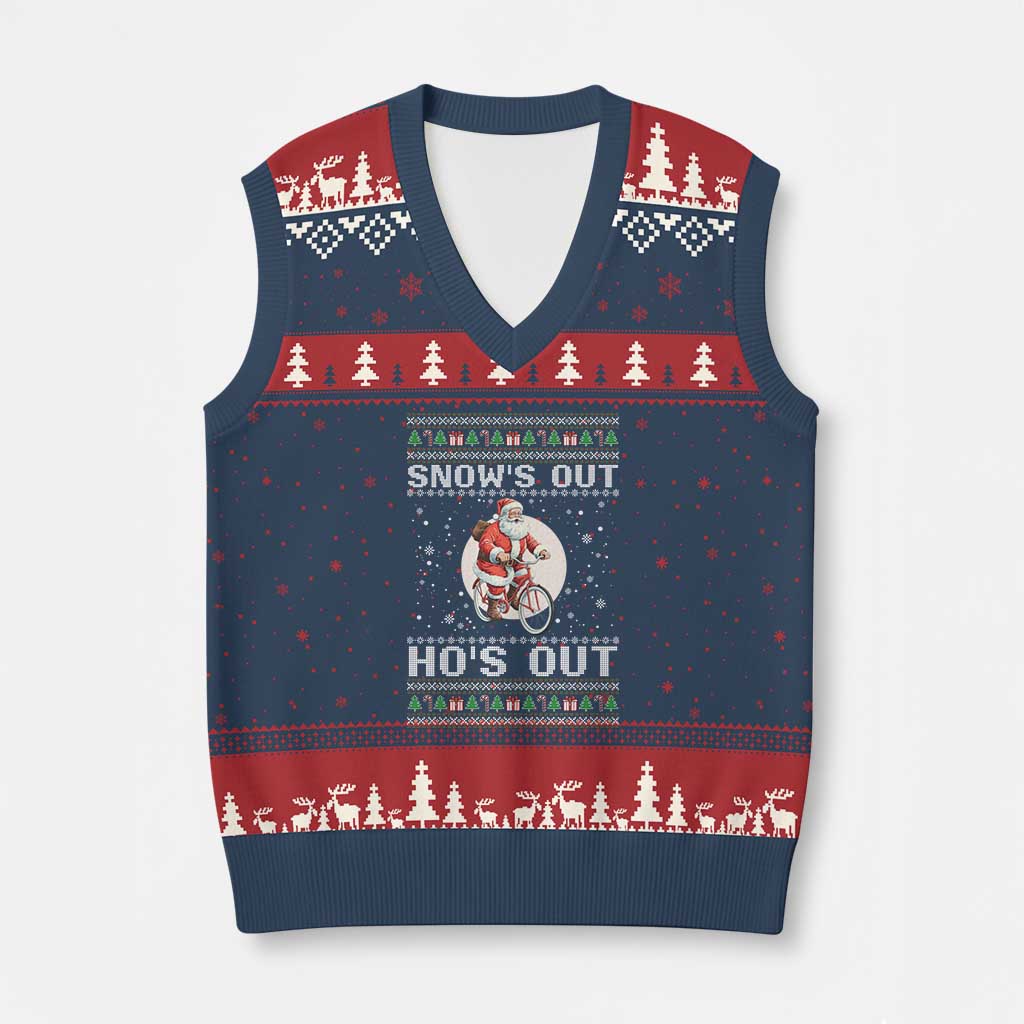 Funny Santa Xmas V-Neck Knit Sweater Vest Snows Out Hos Out Ugly Xmas TS10 Navy Red Print Your Wear